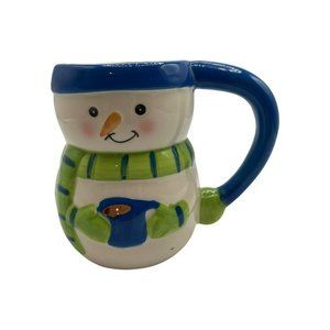 Collectible Snowman ceramic mug by Bay Island, Inc Blue Green Scarf Hot Cocoa